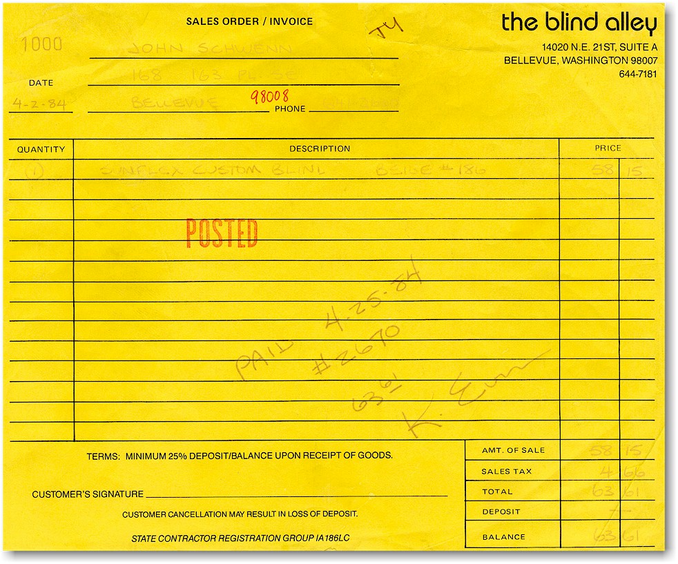 This is a photocopy of our first sale that occured on Monday, April 2, 1984. We actually opened our doors on Saturday, March 31, but our first sale occured at the beginning of our first week in business.