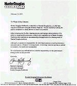 Click on this image to view a larger version of the Hunter Douglas� Northwest letter of reference. The text of the letter appears below: