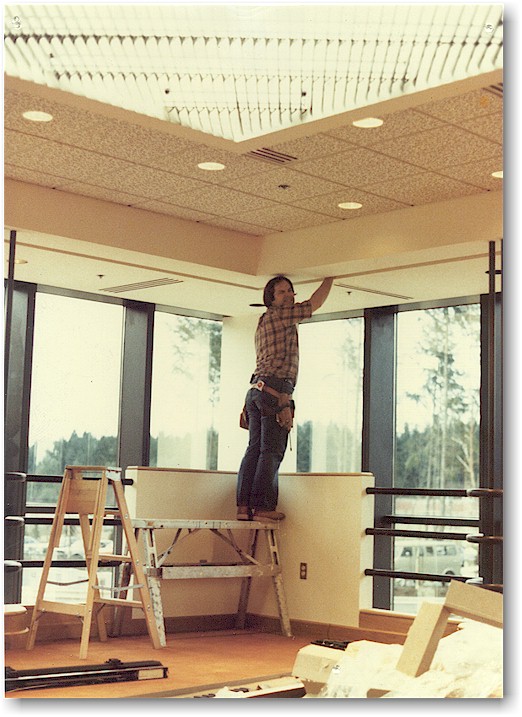 Kurt installing motorized skylights and audio-visual blinds at Boeing Computer Center in Eastgate in 1982.